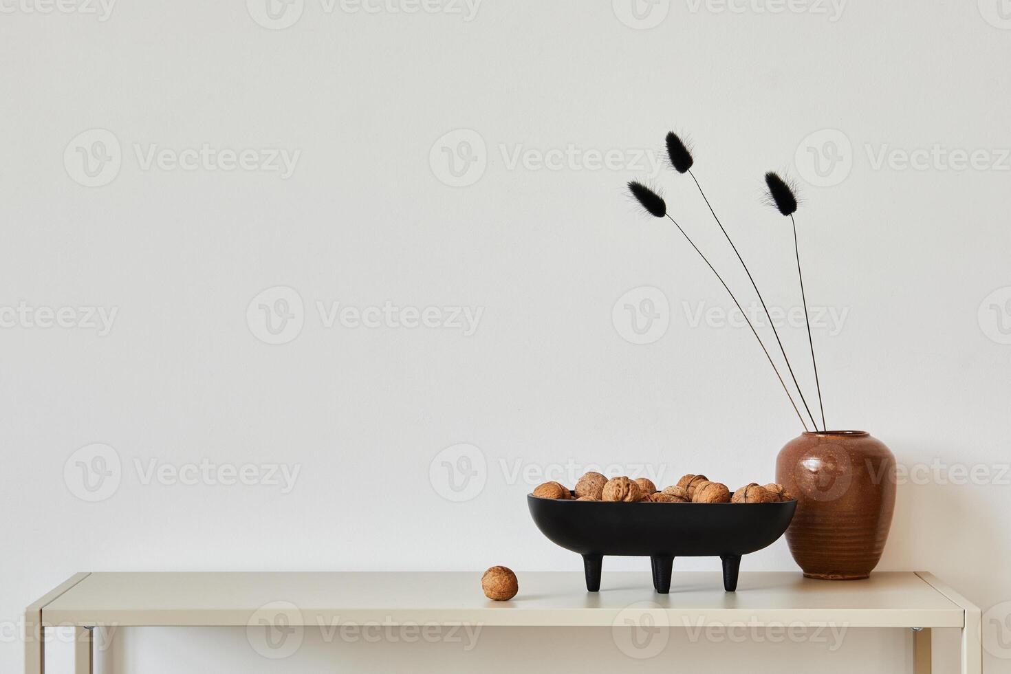 Elegant minimalist interior design with metal shelf and minimalistic home accessories. Copy space. Template. photo