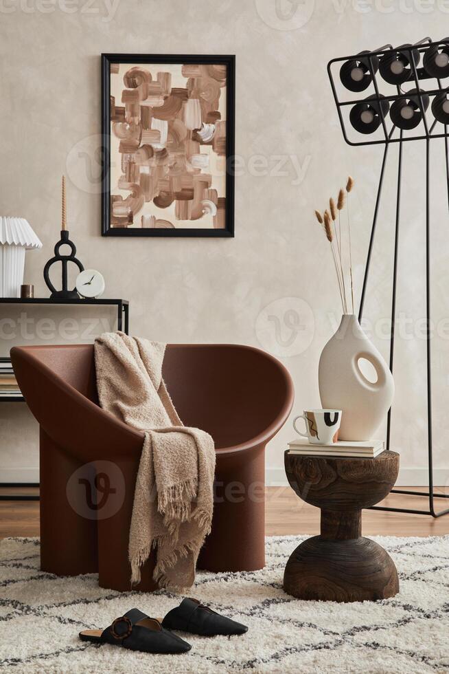 Modern elegnat living room interior design with creative armchair, console, poster frame, lamp and stylish personal accessories. Copy space. Template photo