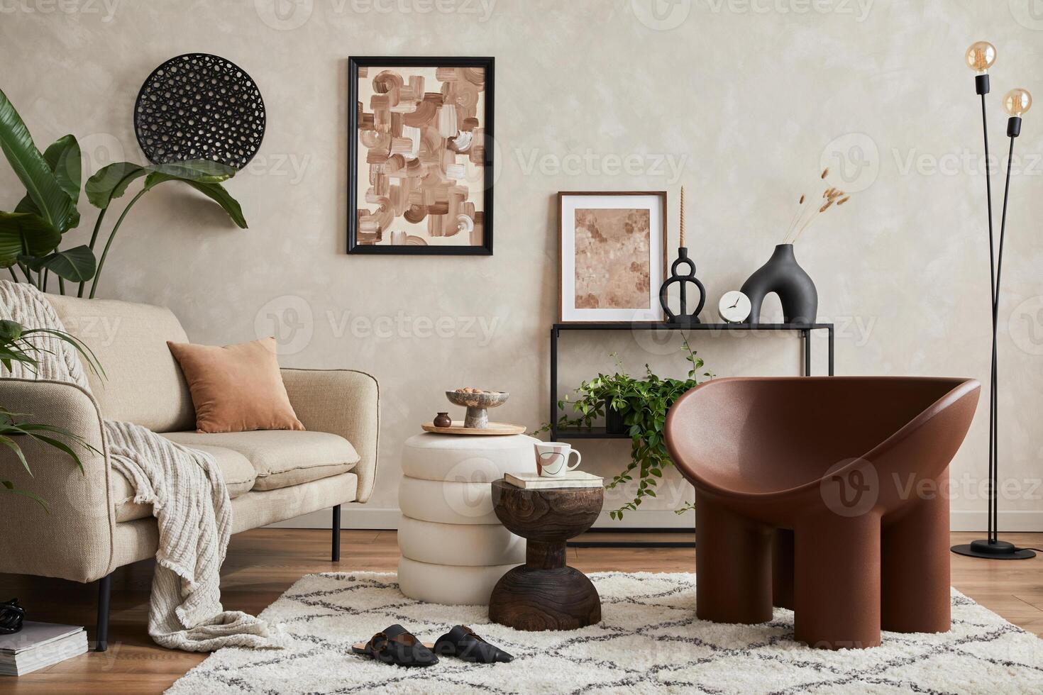 Modern composition of elegant living room interior design with mock up poster frame, sofa, armchair, pouf, console, coffee table, plants and stylish personal accessories.. Template. photo