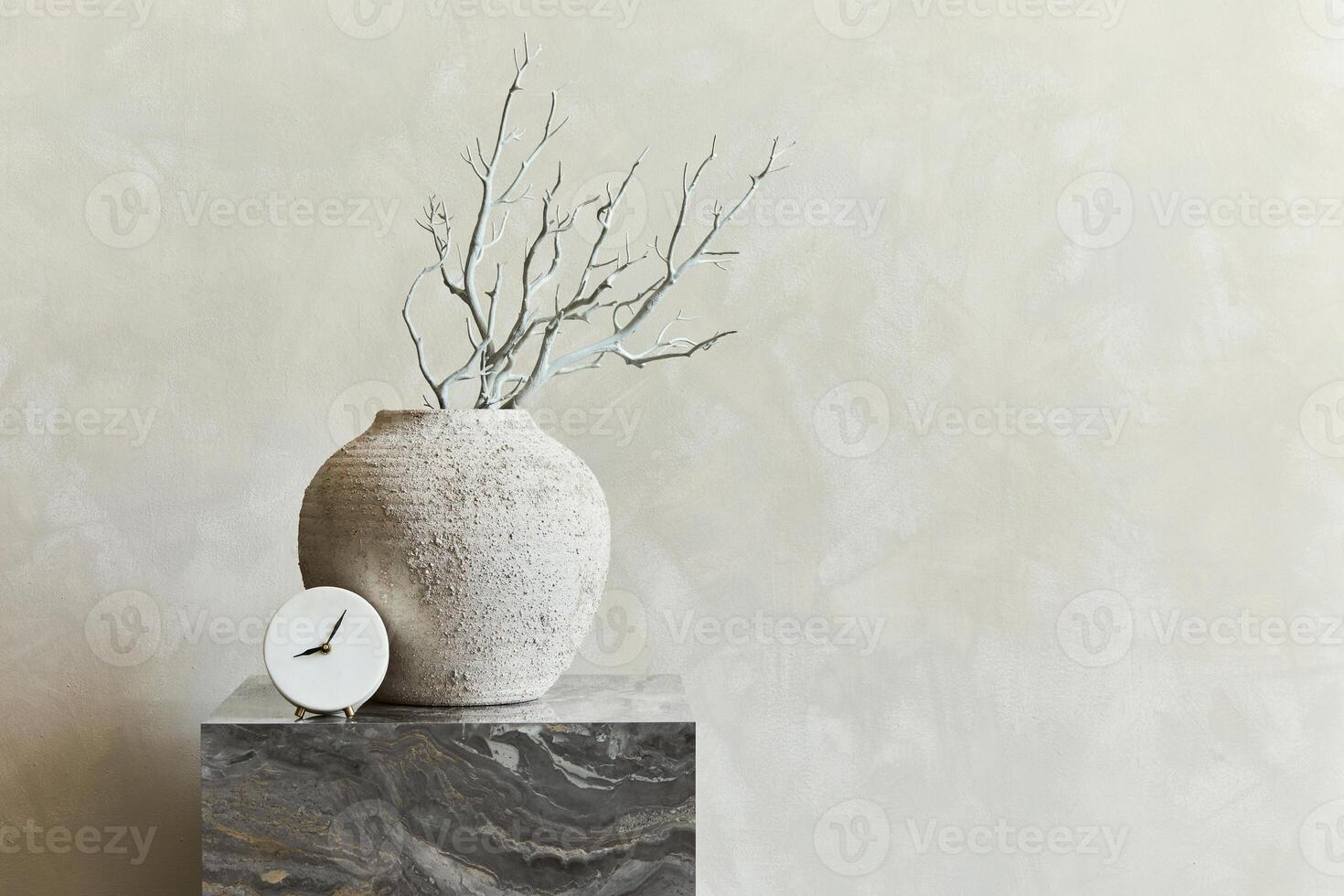 Elegant interior composition with marble cube coffee table and stylish personal accessories and vase. Template. photo