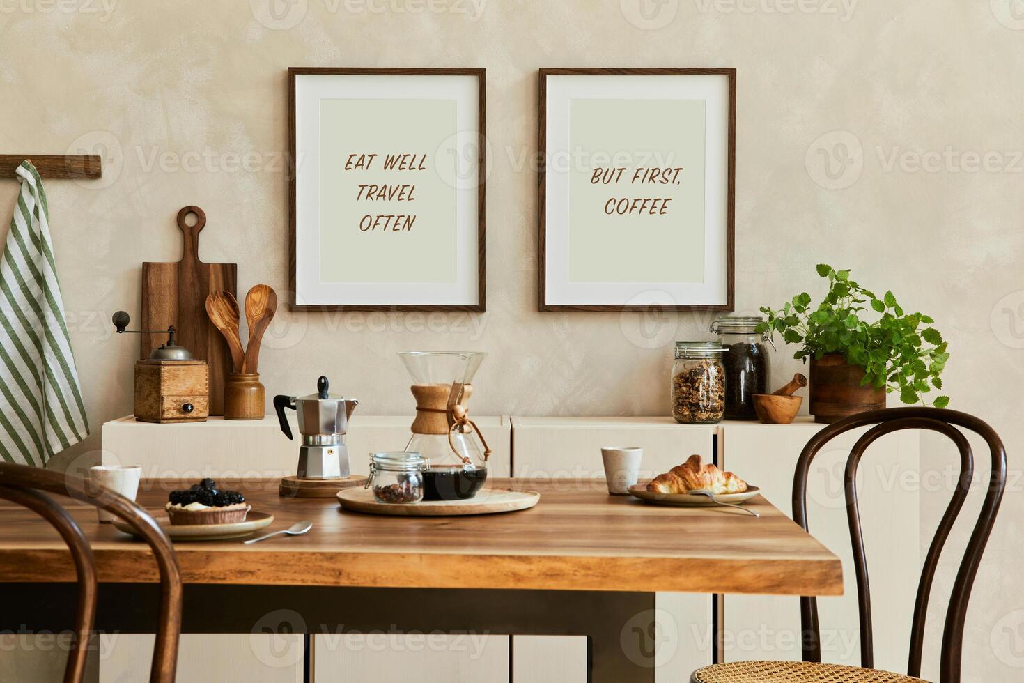 Elegant composition of stylish dining room intrerior with mock up poster frames, beige sideboard, family dining table, plants and vintage personal accessories. . Template. Autumn vibes. photo