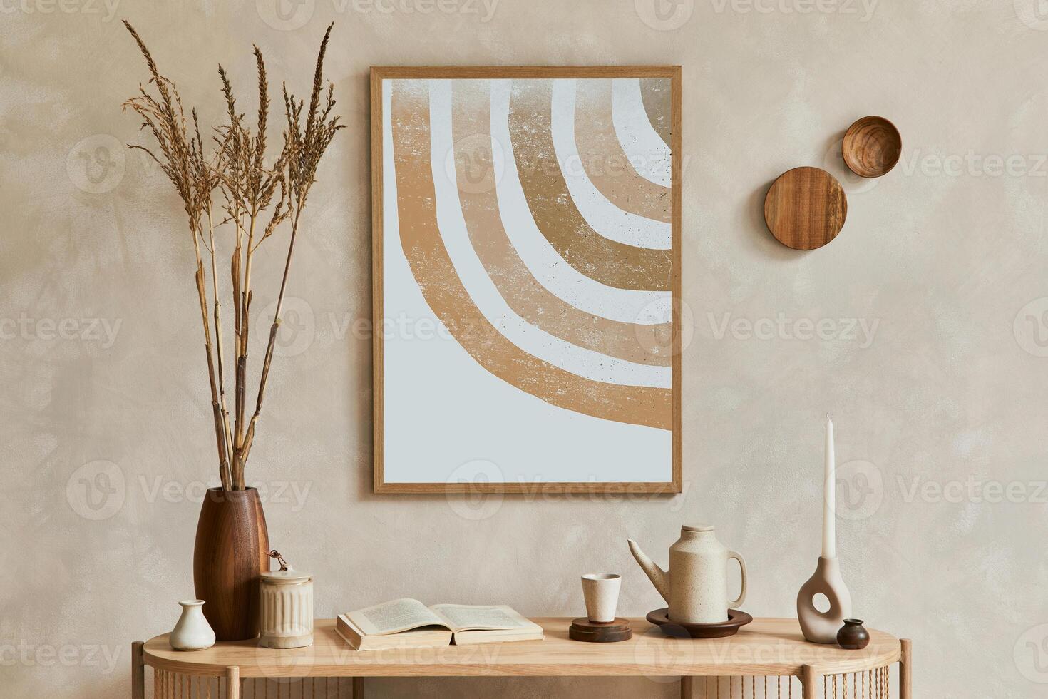 Elegant living room interior composition with console, mock up poster frame and stylish personal accessories. Copy space. photo