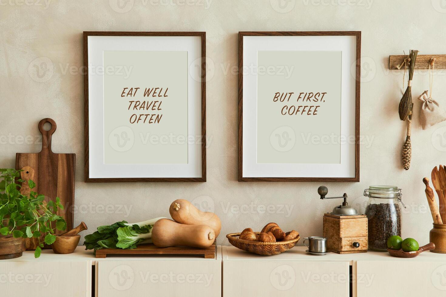 Stylish composition of modern kitchen interior design with poster frames, beige sideboard, vegetables and retro accessories. Template Autumn vibes. photo