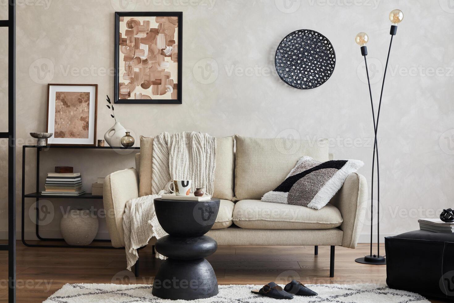 Modern composition of elegant living room interior design with mock up poster frame, sofa, console, coffee table and stylish personal accessories. photo