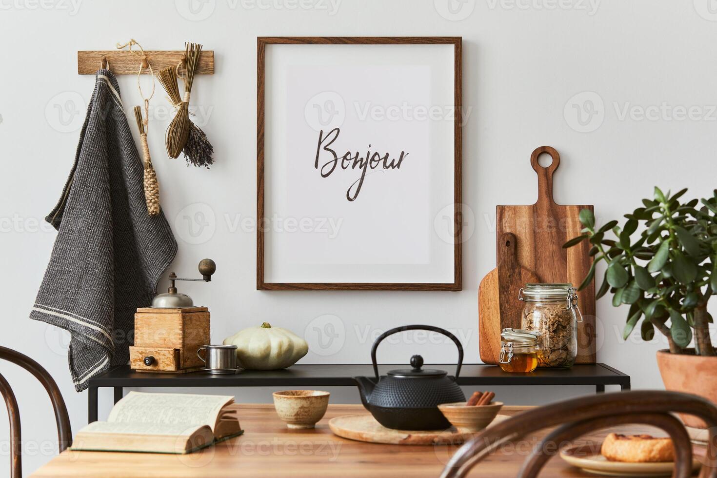 Creative dining room interior with mock up poster frame, family dining table, black console and retro inspired personal accessories. Copy space. Autumn vibes. photo
