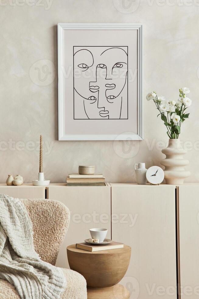 Stylish living room interior design with mock up poster frame, fluffy armchair, coffee table, commode and personal accessories. Modern style. Template photo