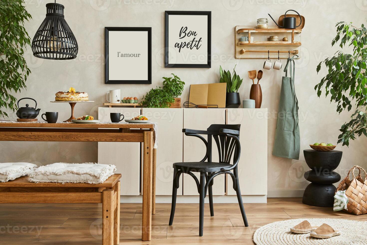 Stylish composition of cozy kitchen interior design with mock up poster frames, beige commode, wooden table, chair and bench and kitchen accessories. Template. photo