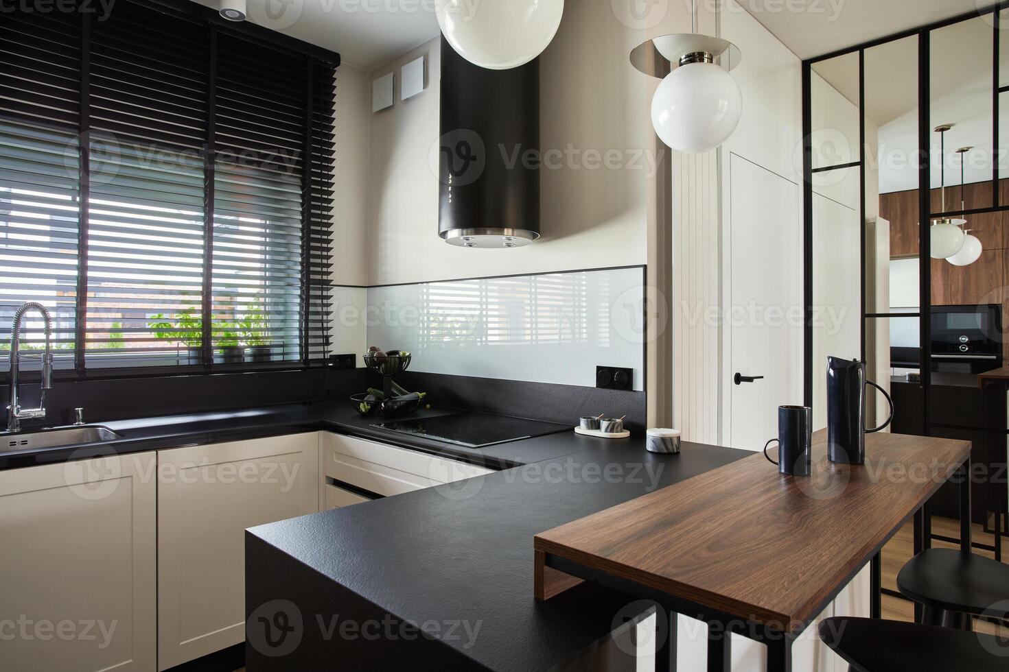Minimalistic modern brown panel kitchen interior with biuld-in kitchen and kitchen island. Geometric forms and shapes. Template. photo