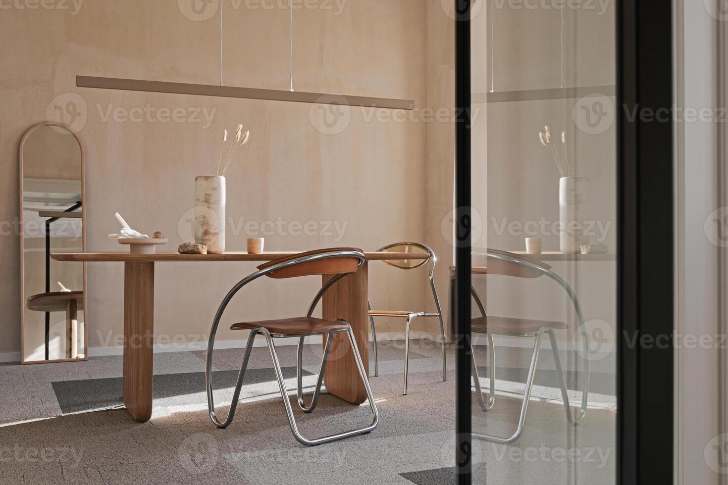 Stylish interior design of spacious dining room with wooden dining table, armchairs and beautiful personal accessories. Modern decor. Structure wall. Rustic minimalitic inspiration. Template. photo