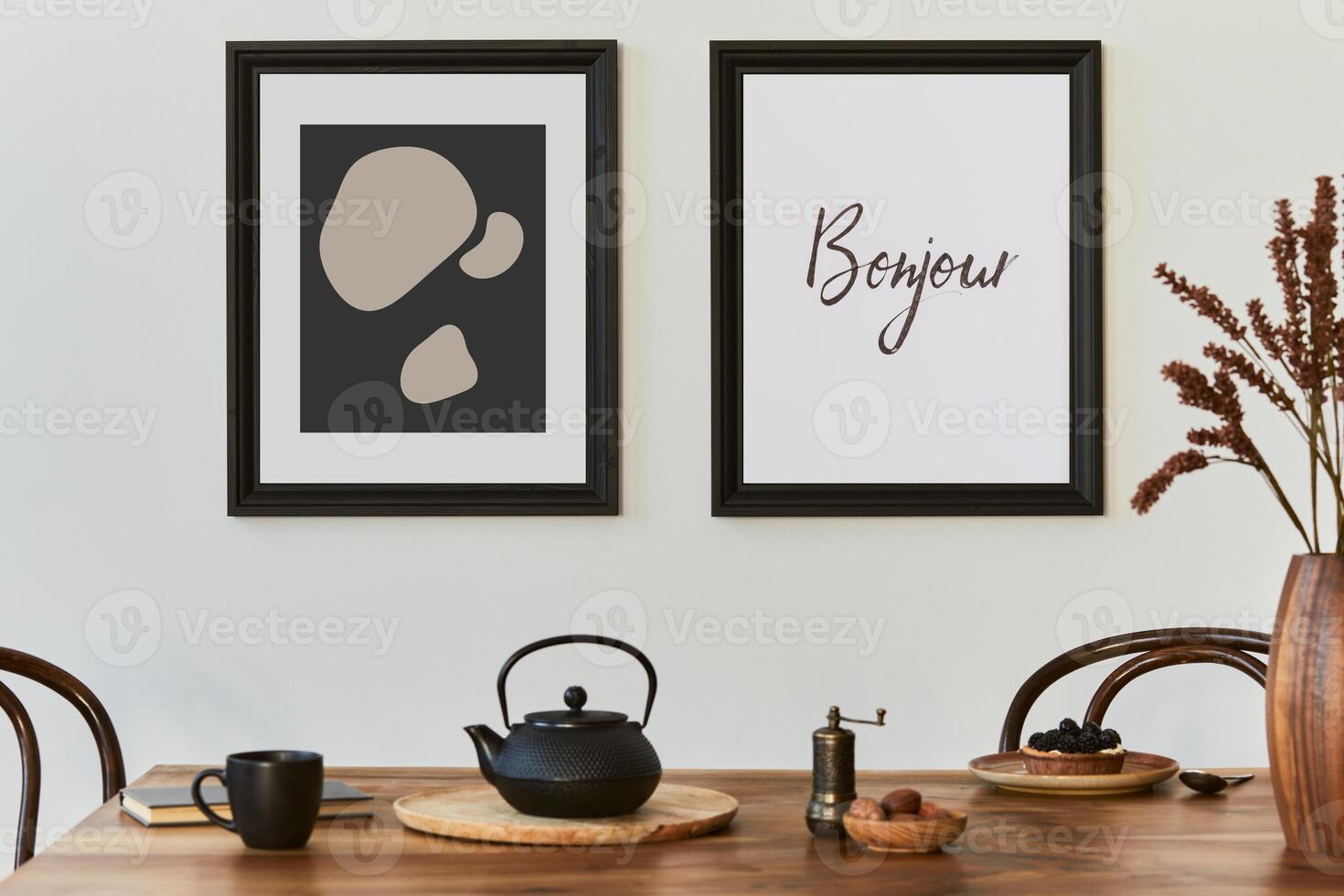 Stylish composition of modern kitchen interior design with mock up poster frames, black console, teapot and kitchen accessories. Template. Autumn vibes. photo