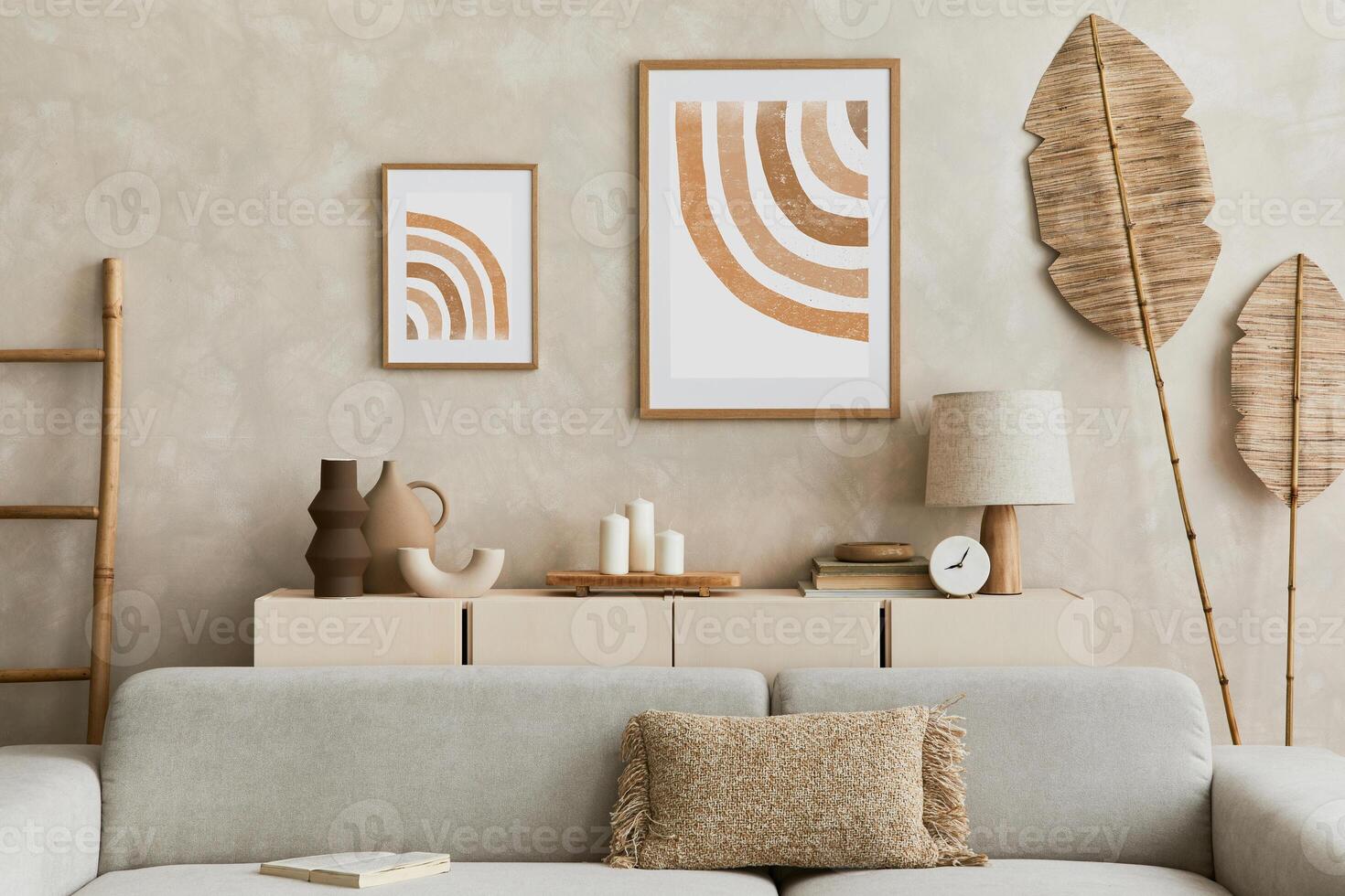 Creative composition of stylish living room interior with mock up poster frame, sofa, commode, clay vases and stylish personal accessories. Pastel neutral colours. Template. photo