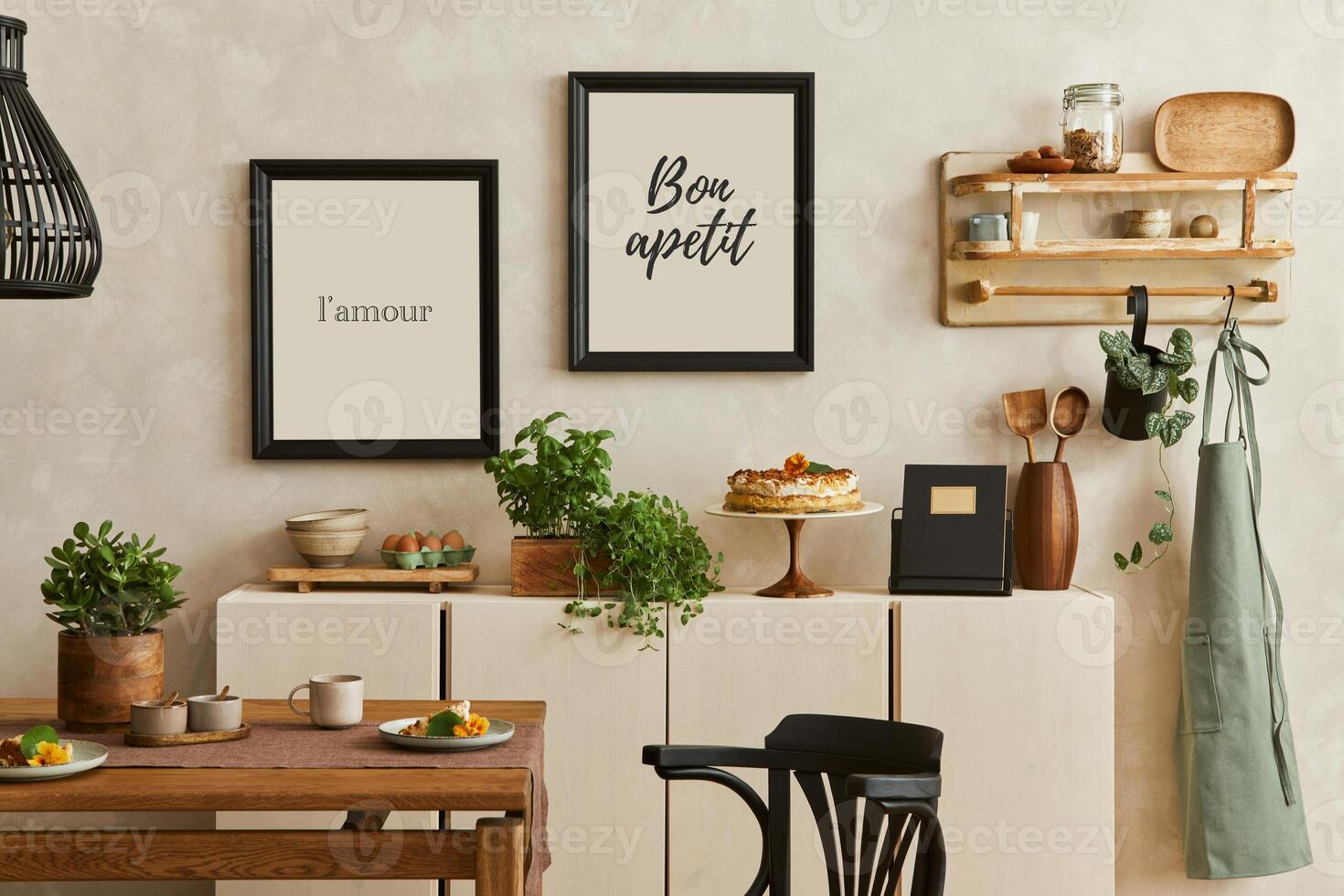 Creative and modern dining room interior design with mock up poster frames, family dining table and chair and retro inspired personal accessories and decorations. Template. photo