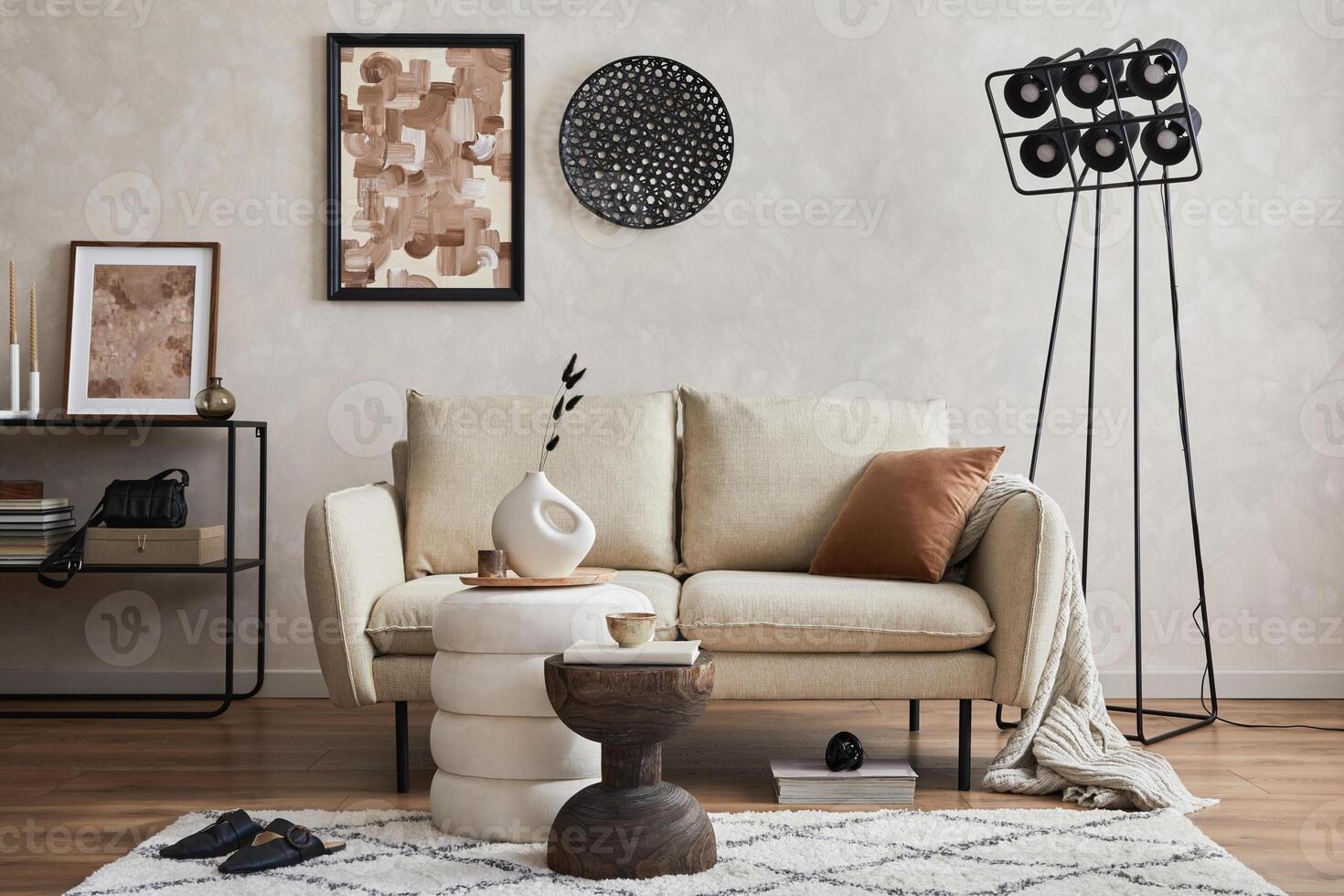 Modern elegnat living room interior design with sofa, console, mock up poster frame, lamp and stylish personal accessories. Copy space. photo
