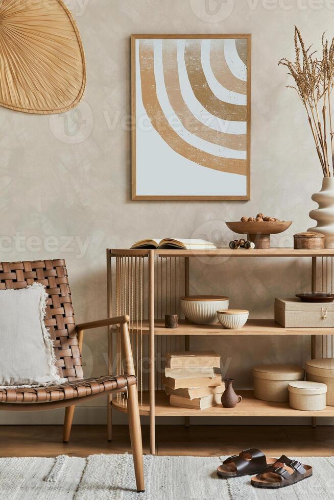 Creative composition of living room interior with console, armchair, mock up poster frame, vase and elegant personal accessories. Copy space. Template. photo