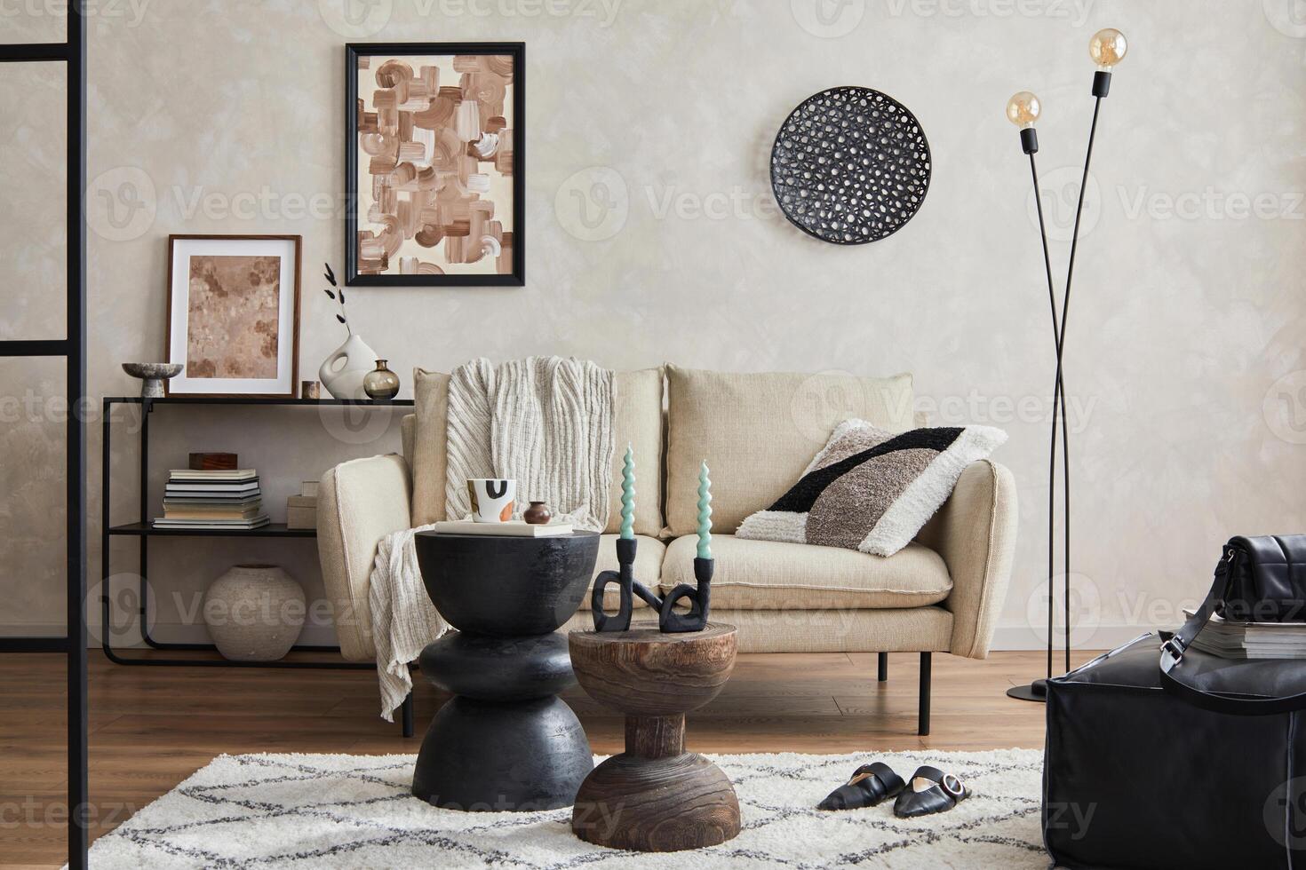 Modern composition of elegant living room interior design with mock up poster frame, sofa, console, coffee table and stylish personal accessories. Copy space. photo