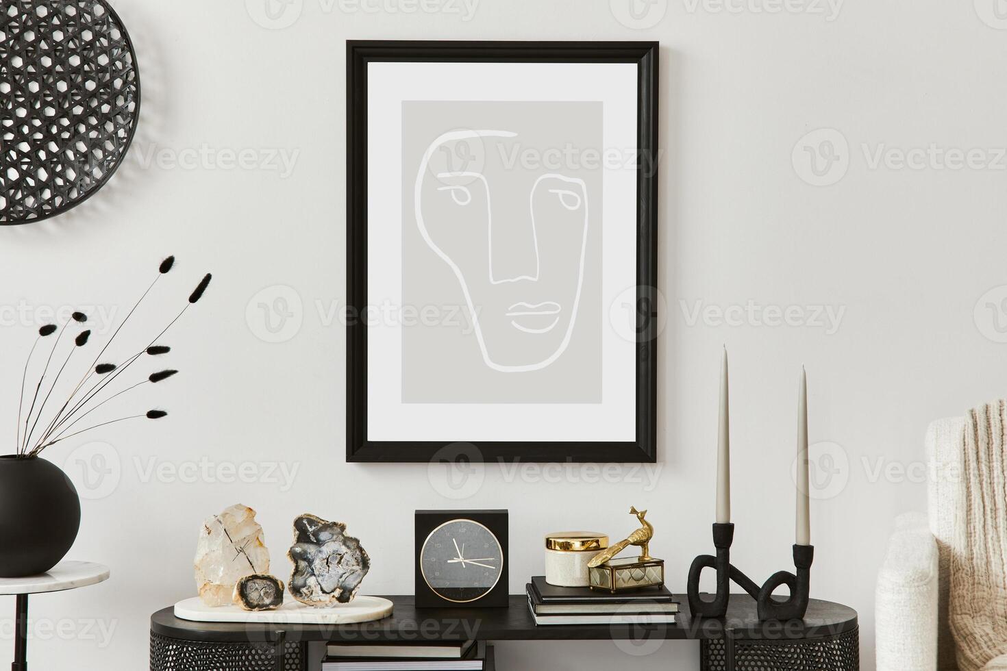 Creative living room interior composition with mock up poster frame, armchair, console and elegant personal accessories. Copy sapce - Template. photo