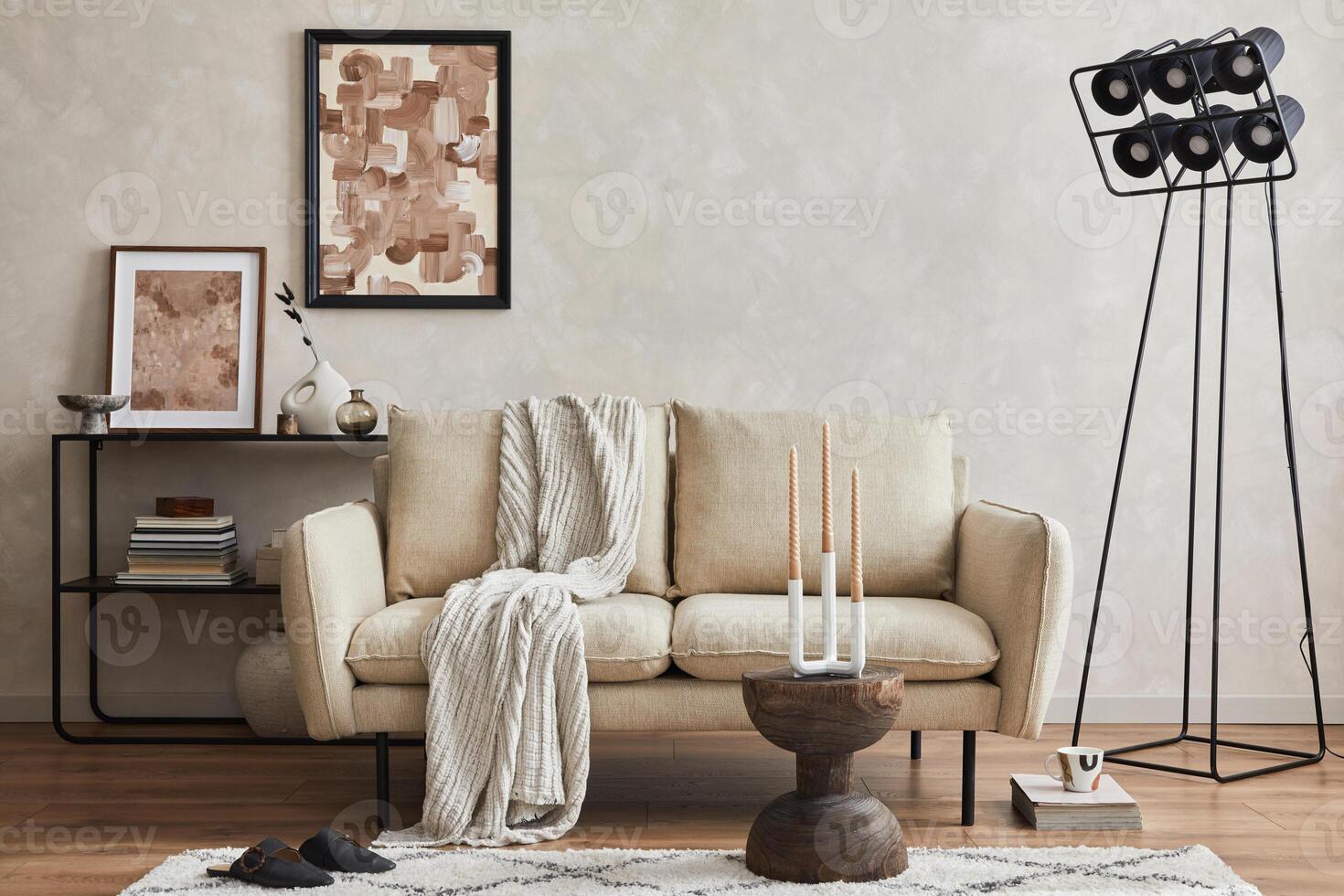 Modern composition of elegant living room interior design with mock up poster frame, sofa, console, coffee table and stylish personal accessories. Copy space. photo