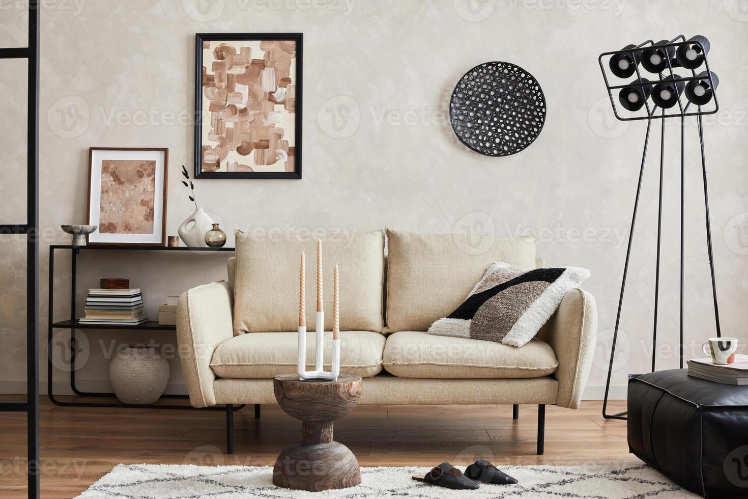 Modern composition of elegant living room interior design with mock up poster frame, sofa, console, coffee table and stylish personal accessories. Copy space. Template. photo
