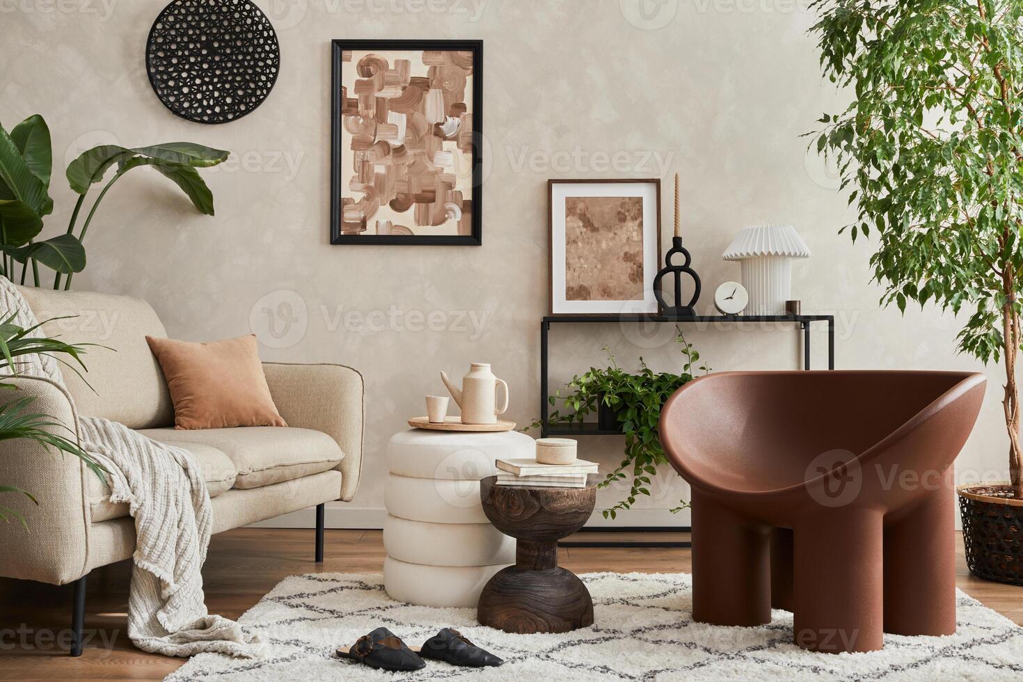 Modern composition of elegant living room interior design with mock up poster frame, sofa, armchair, console, coffee table, plants and stylish personal accessories. Copy space. Template. photo