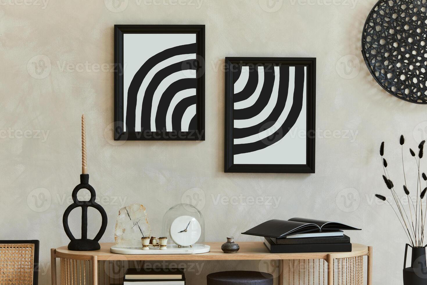 Stylish living room interior design with console and mock up poster frames. Candlestick, mineral and beautiful personal accessories. Copy space - Template. photo