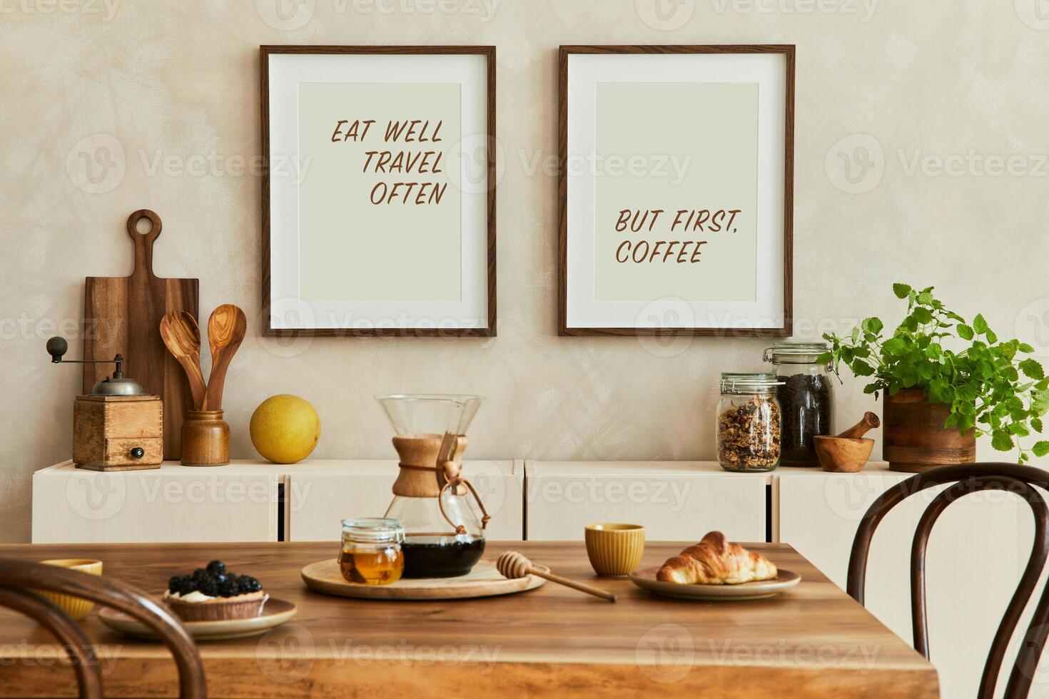 Elegant composition of stylish dining room intrerior with mock up poster frames, beige sideboard, family dining table, plants and vintage personal accessories. Copy space Autumn vibes. photo