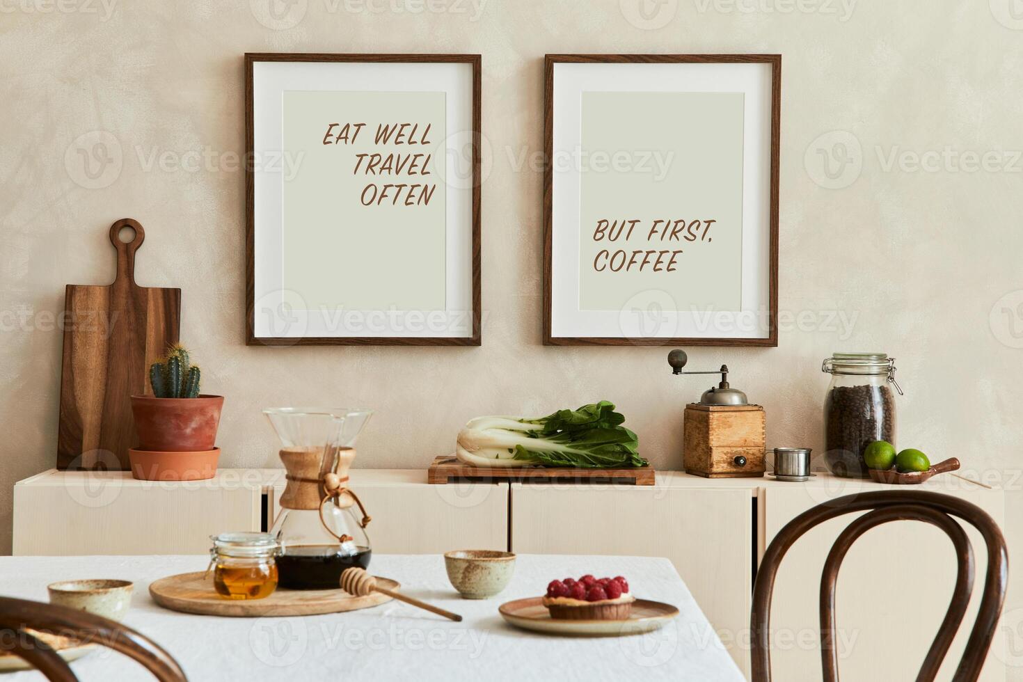 Creative and modern dining room interior design with mock up poster frames, beige sideboard, family dining table and retro inspired personal accessories. Copy space. Template. Autumn vibes. photo