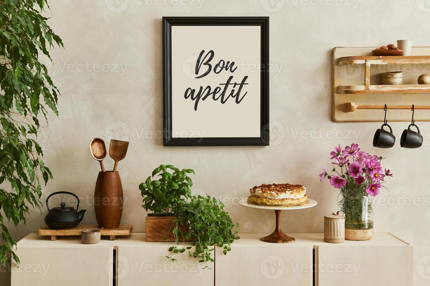Elegant composition of stylish dining room intrerior with mock up poster frames, beige wooden commode, plants, bake and accessories. photo