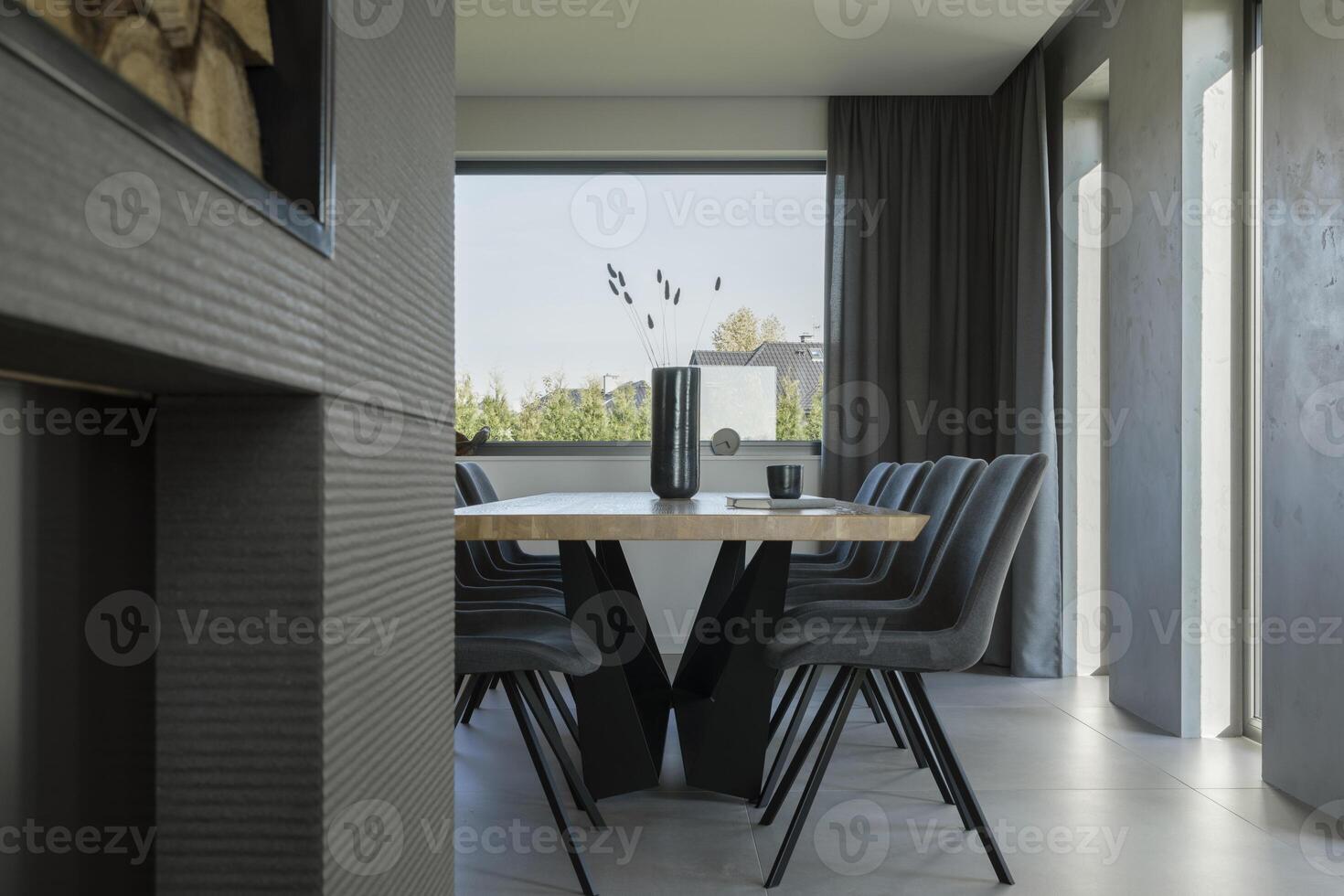 Stylish composition of elegant dining room interior design with velvet armchairs, design rectangle wooden table and beautiful personal accessories. Modern interior design inspiration. Template. photo