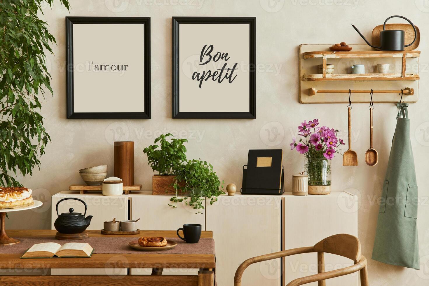 Creative and modern dining room interior design with mock up poster frames, family dining table and retro inspired personal accessories and decorations. Template. photo