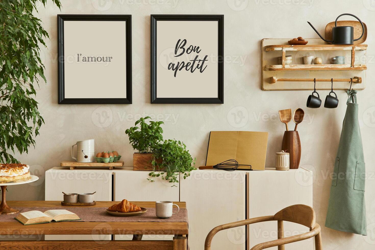 Elegant composition of stylish dining room intrerior with mock up poster frame, beige wooden commode, dining table, chair, plants, bake and accessories. Template photo