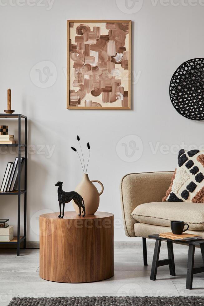 Modern living room interior composition with mock up poster frame, beige sofa, wooden side table and small home decorations. Creative home staging. White wall. Copy space. Template. photo