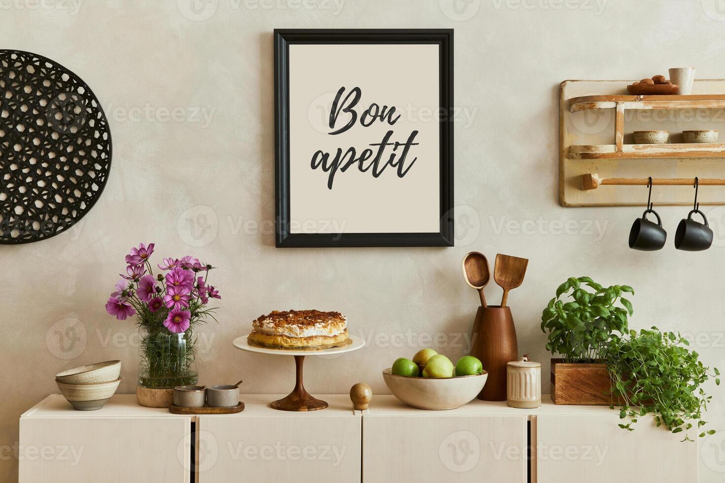 Elegant composition of stylish dining room intrerior with mock up poster frames, beige wooden commode, plants, bake and accessories. Template. photo