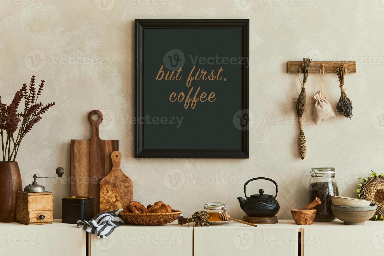 Stylish composition of modern kitchen interior design with mock up poster frames, beige sideboard and retro accessories. Autumn vibes. photo