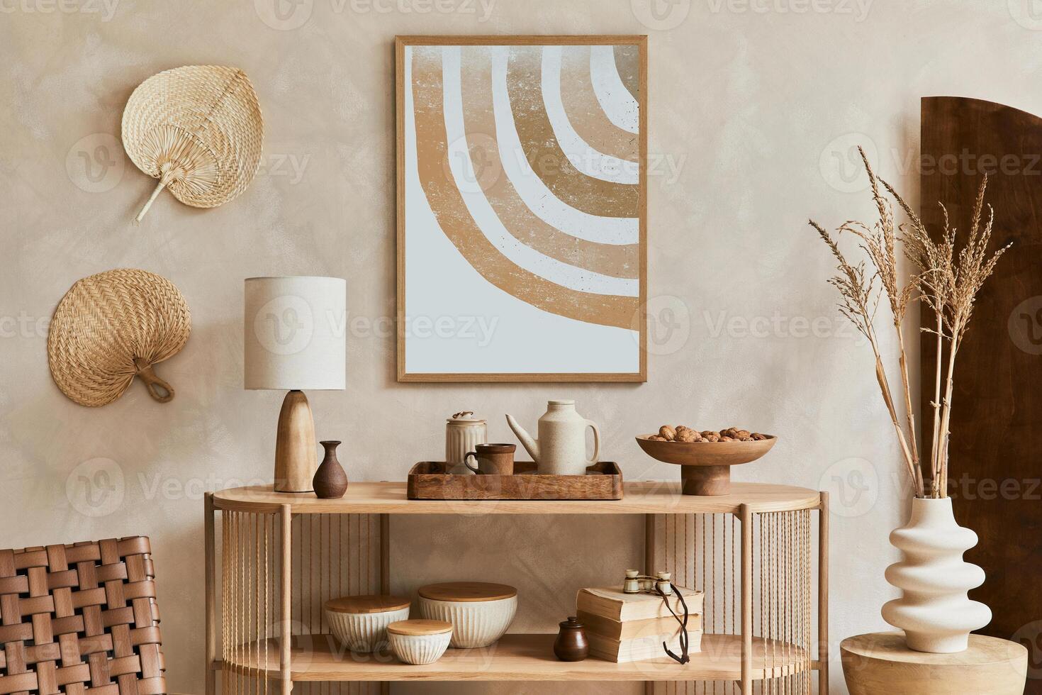 Stylish living room interior design with console and mock up poster frame. Lamp, vase and personal accessories. Copy space. Template. photo