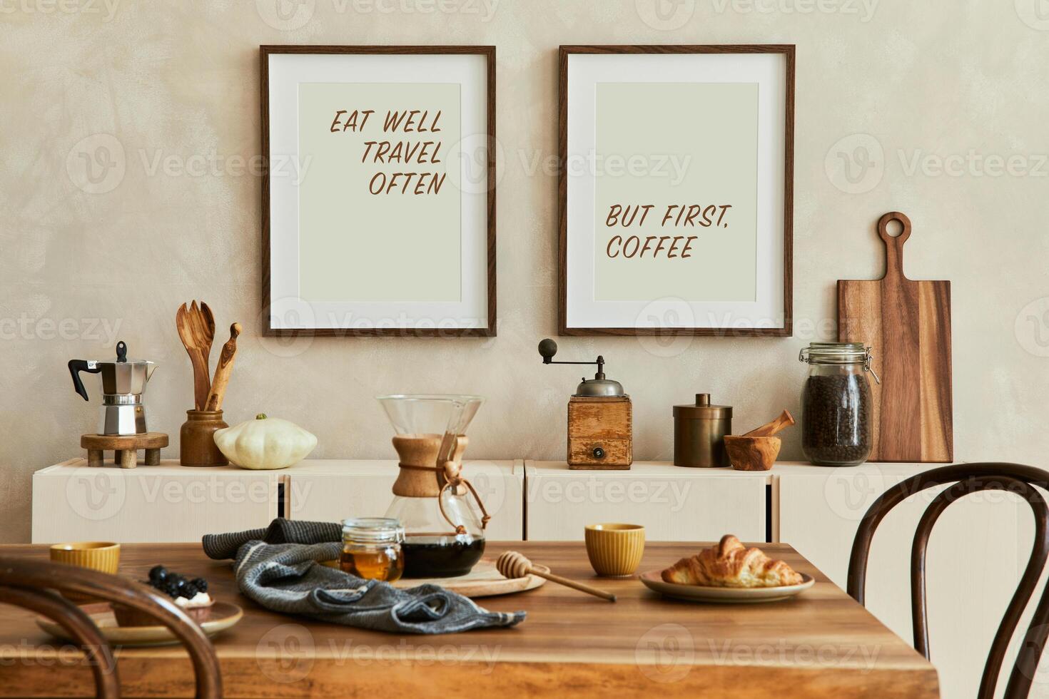 Creative and modern dining room interior with mock up poster frames, beige sideboard, family dining table and retro inspired personal accessories. Copy space. Template. Autumn vibes. photo