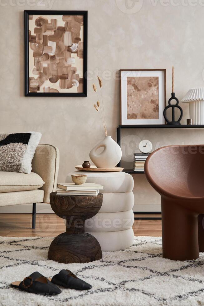 Modern composition of elegant living room interior design with mock up poster frame, sofa, armchair, pouf, console, coffee table, plants and stylish personal accessories. Copy space Template photo