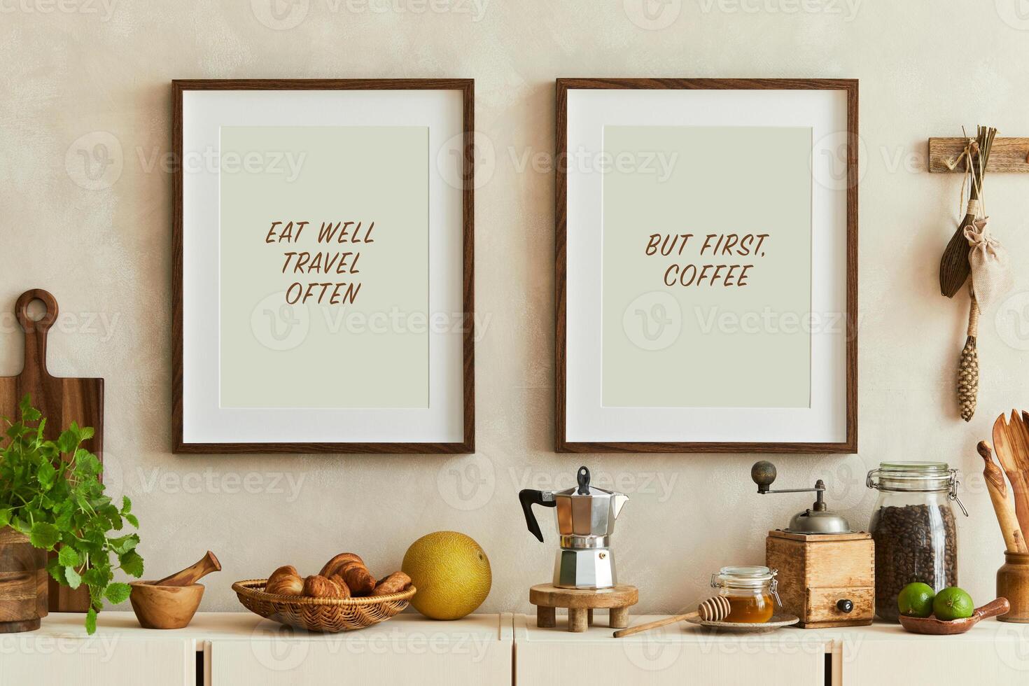Stylish and modern kitchen interior composition with mock up poster frames, beige wooden sideboard, plants and retro inspired accessories. Autumn vibes. photo