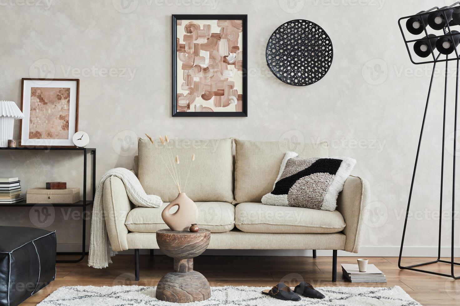 Modern elegnat living room interior design with sofa, console, mock up poster frame, lamp and stylish personal accessories. Copy space. Template. photo