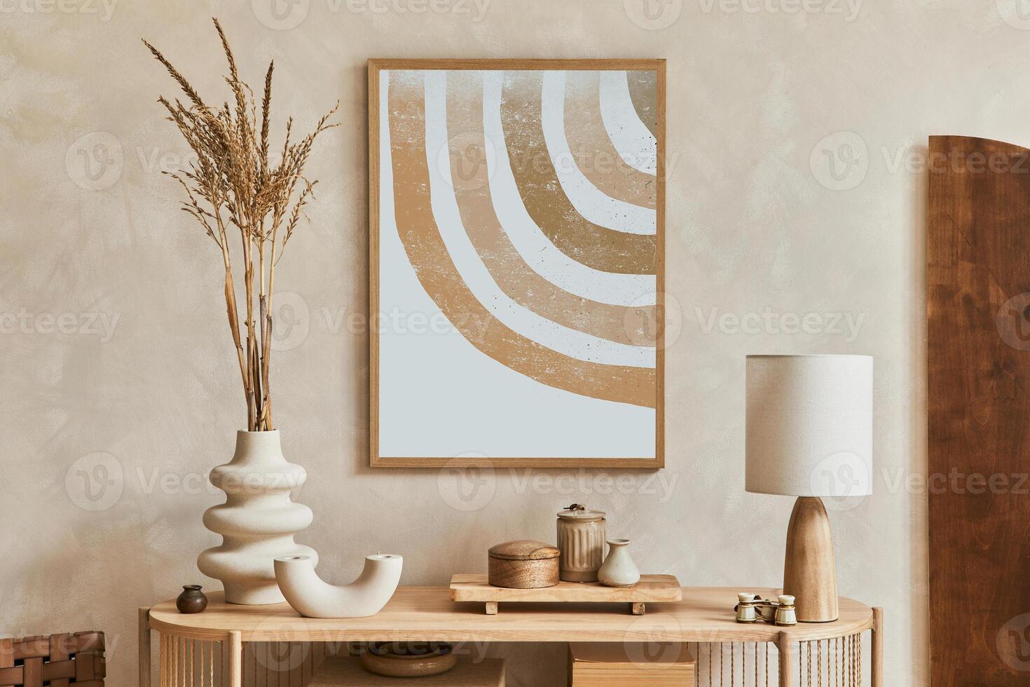 Stylish living room interior design with console and mock up poster frame. Lamp, vase and elegant personal accessories. Copy space. Template. photo