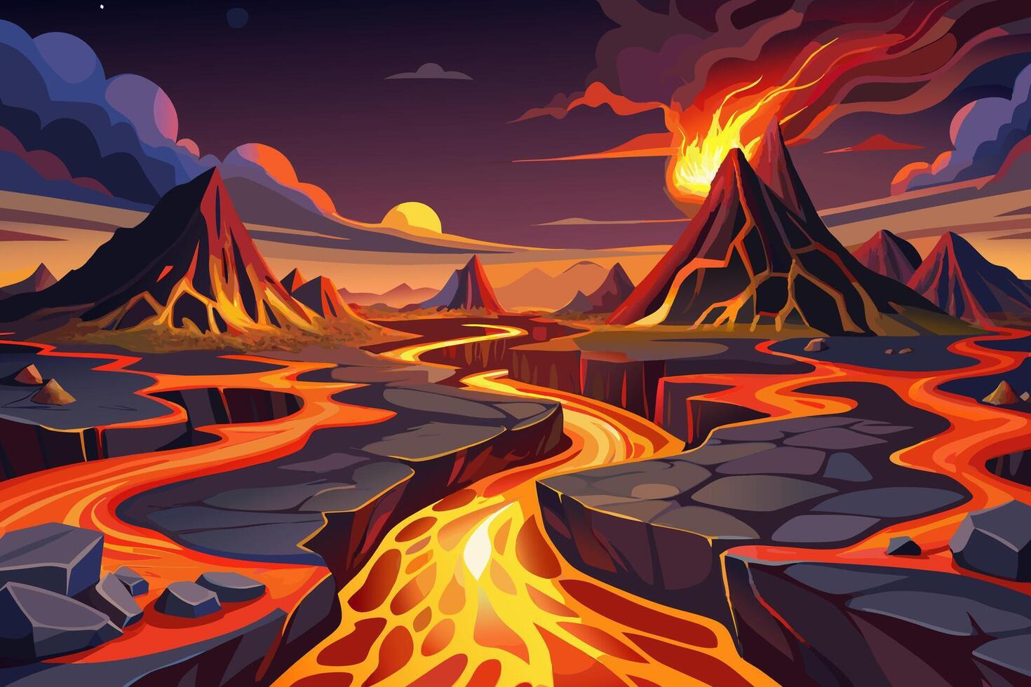An illustration of a lava river flowing through a mountain vector