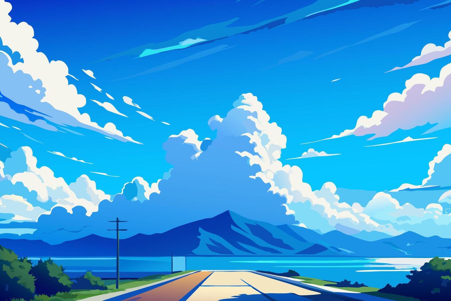 Anime landscape with a road and clouds in the sky vector