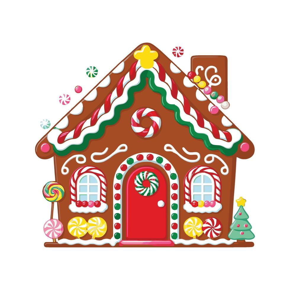 A gingerbread house with candy canes and candy vector