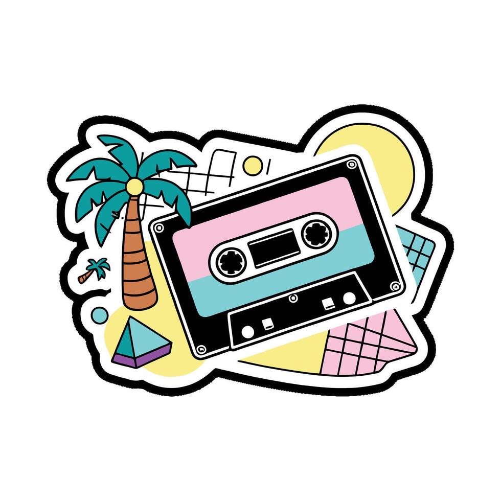 A sticker with a cassette player and palm tree vector