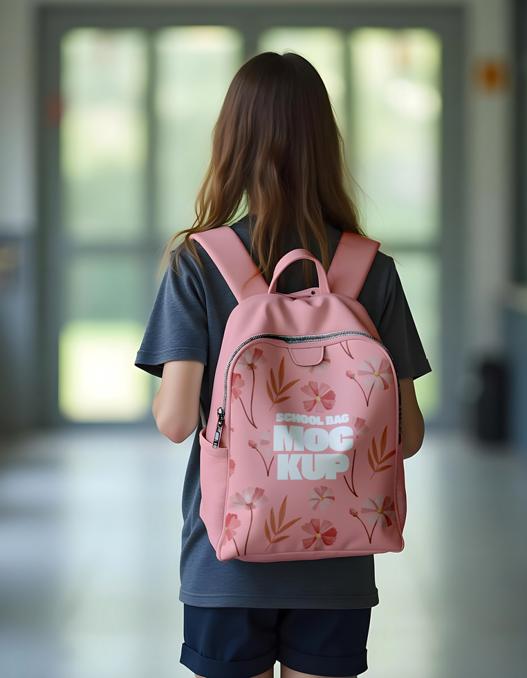 pink Schoolbag mockup with a child using it psd