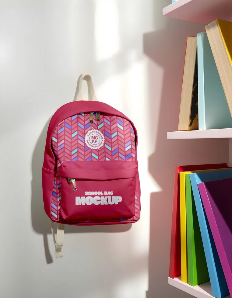School Bag mockup with library background psd