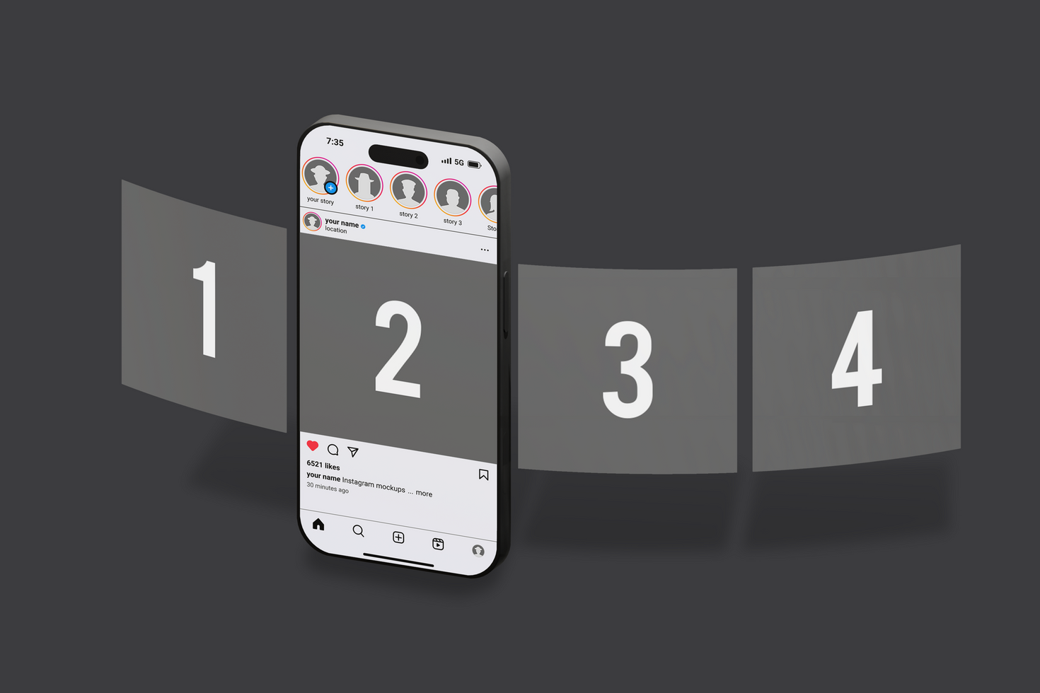 Social Media Carousel Mockup float at black background psd