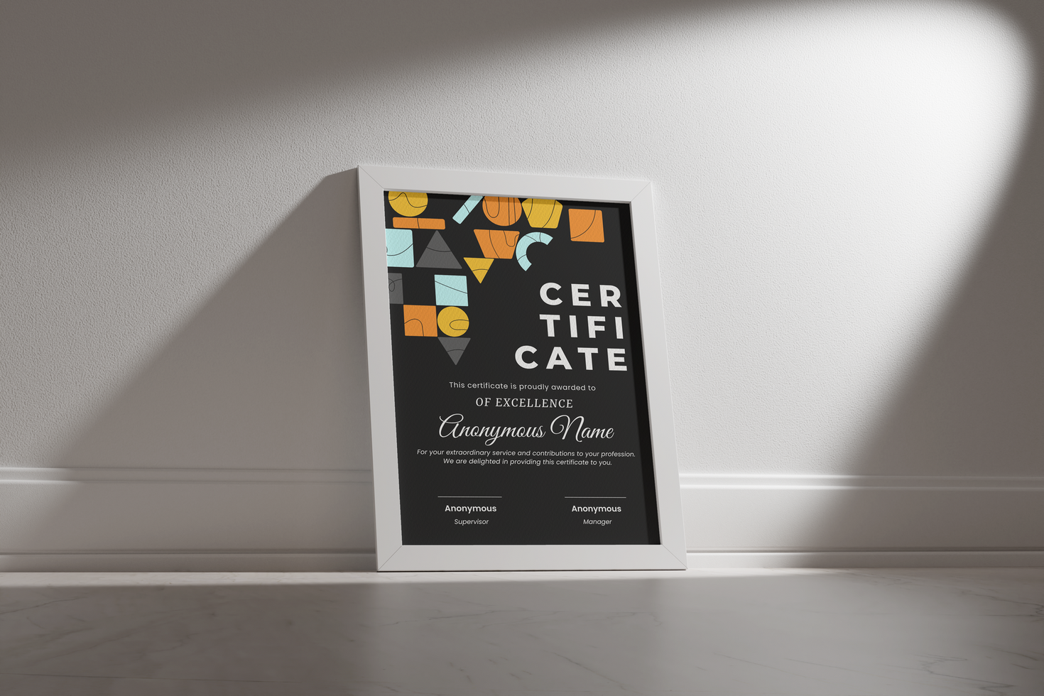 Certificate Frame Mockup lean at white wall psd