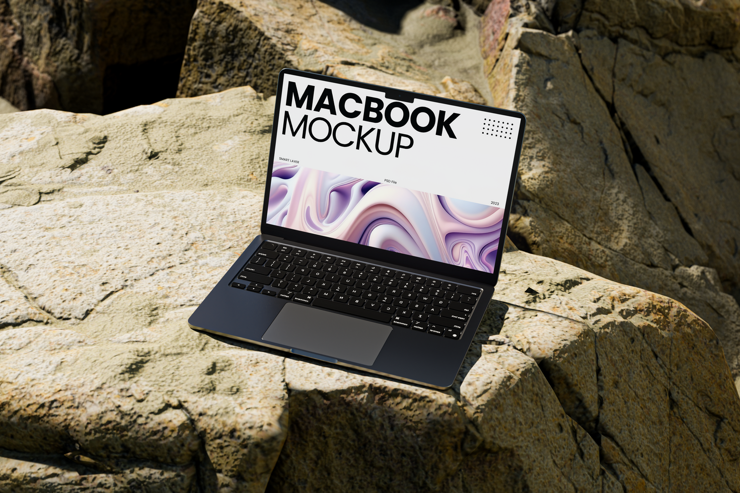 Laptop Device Mockup above rock psd