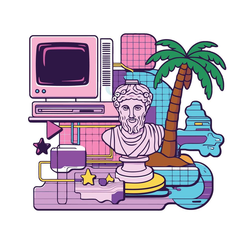 An illustration of a computer and a statue vector