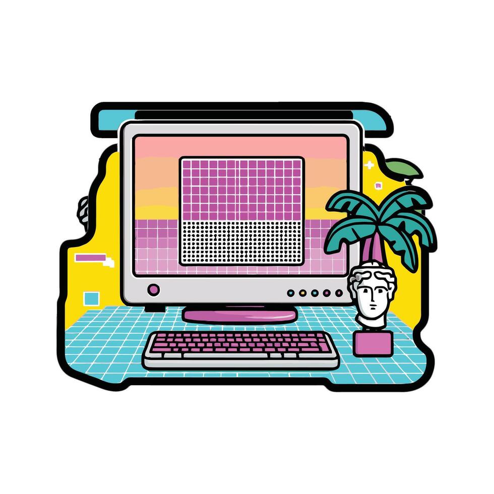 A computer with a mouse and a plant on it vector